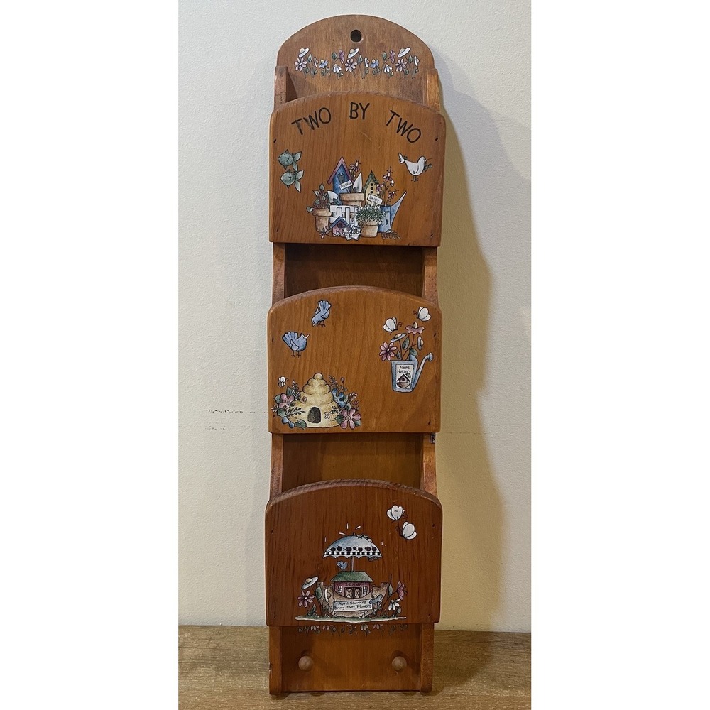 VTG Wood Wall Mail Organizer Key Holder Rack Noah's Ark Two By Two Folk Art 80's